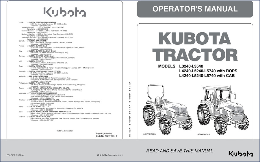 Kubota L3240 L3540 L5240 L5740 2011 Operators Manual cover - factory OEM document