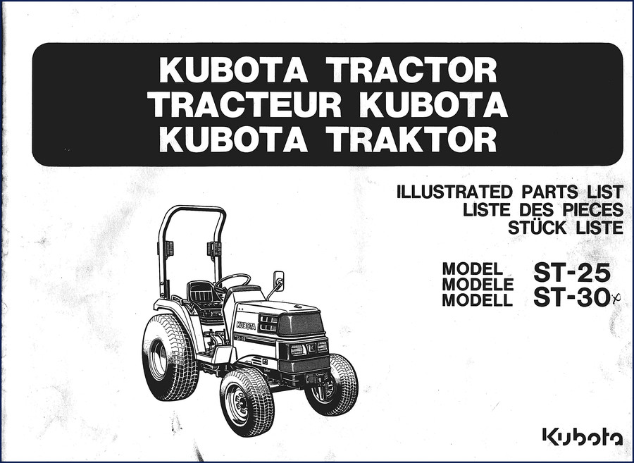 Kubota ST-25 and ST-30 Parts Catalog cover page showing tractor model and OEM document layout