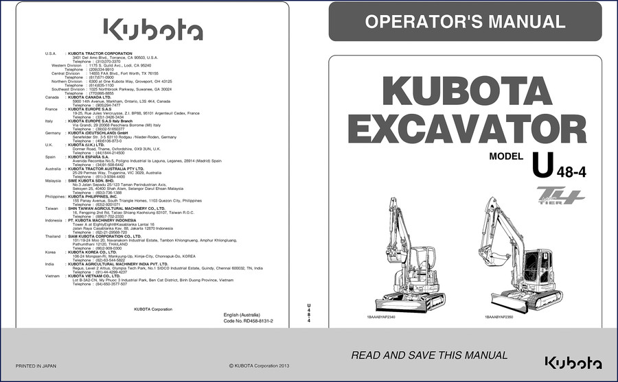 Kubota U48-4 2013 Operators Manual cover - factory excavator documentation