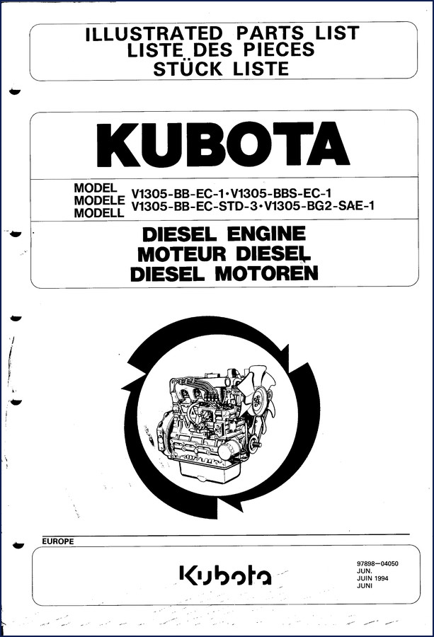 Kubota V1305-BB-EC-1 diesel engine parts catalog cover, 1994, 87 pages, OEM illustrated parts list