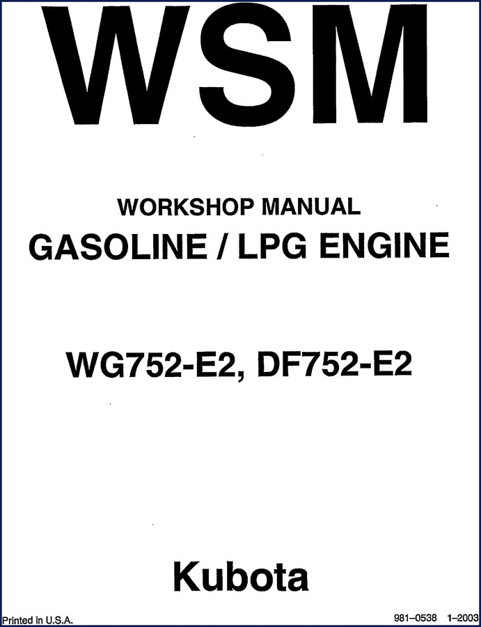 Kubota WG752-E2 DF752-E2 2003 Workshop Manual cover page showing engine diagrams