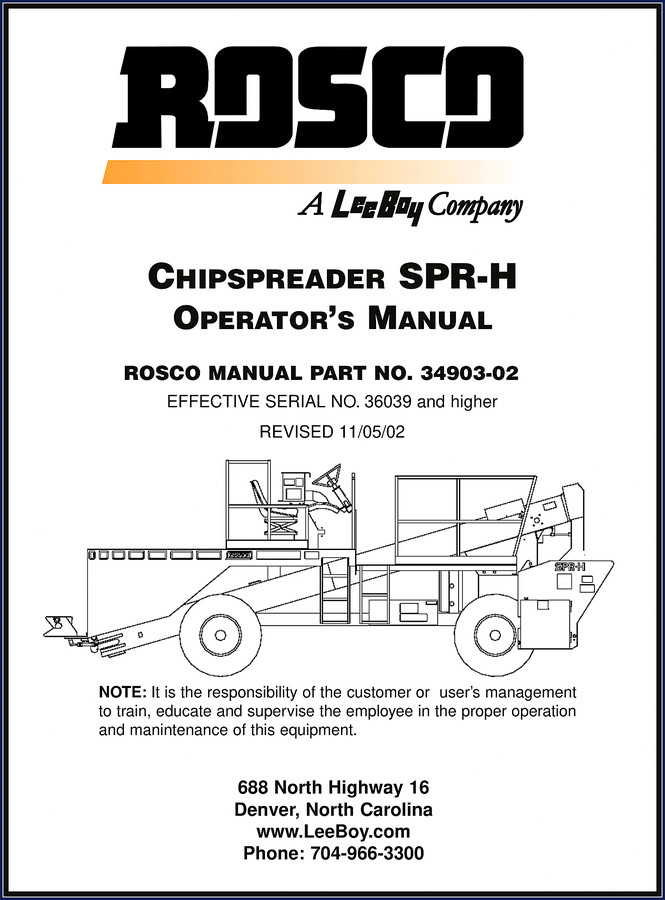 2002 Leeboy SPR-H Operators Manual front cover - factory chipspreader manual