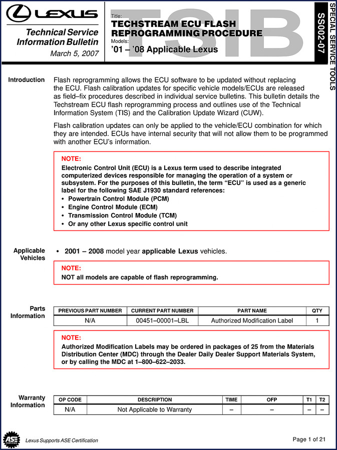 Lexus 2007 Technical Manual cover page for Techstream ECU flash reprogramming procedure