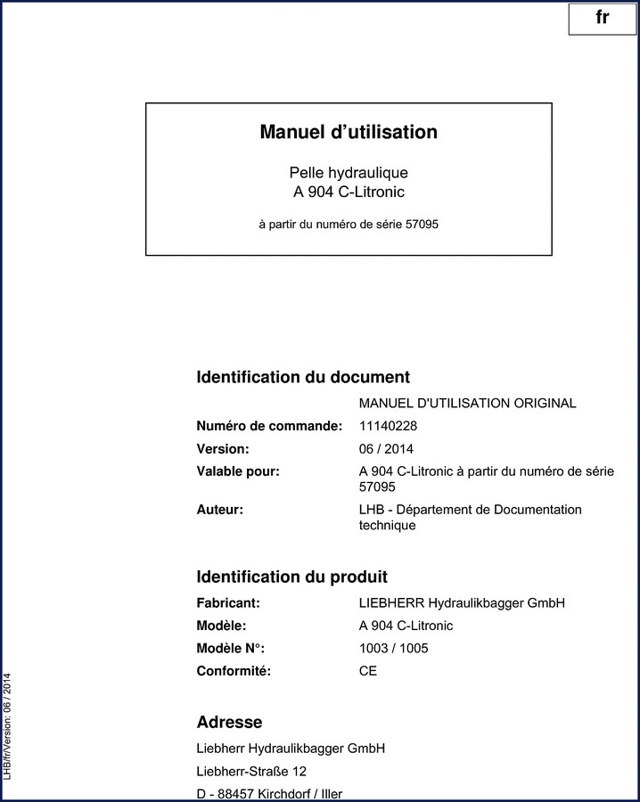 Liebherr A 904 C-Litronic 2014 Operators Manual cover – factory OEM documentation