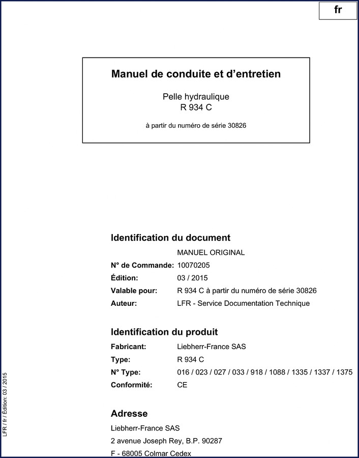 Liebherr-france SAS R 934 C 2015 User Manual cover showing excavator model and OEM documentation