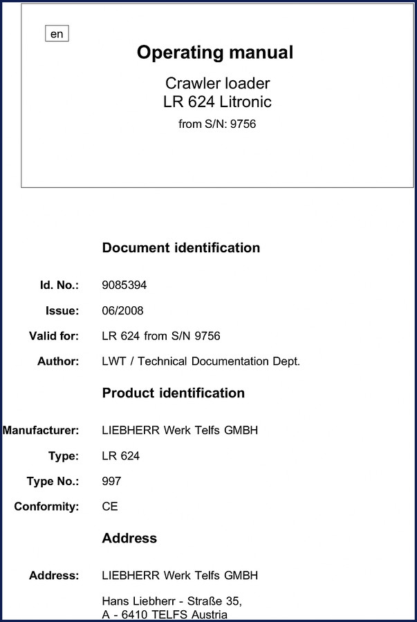 Liebherr LR 624 Litronic Crawler Loader 2008 Operators Manual cover page