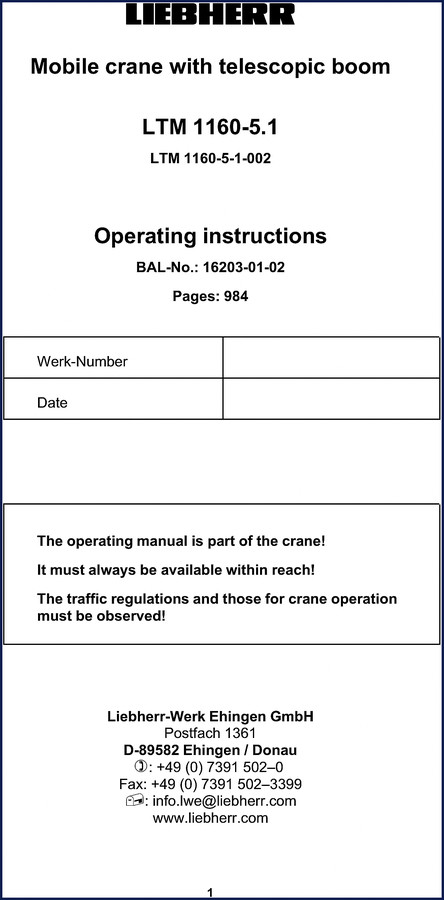 Liebherr LTM 1160-5.1 User Manual cover – 984 pages OEM factory documentation