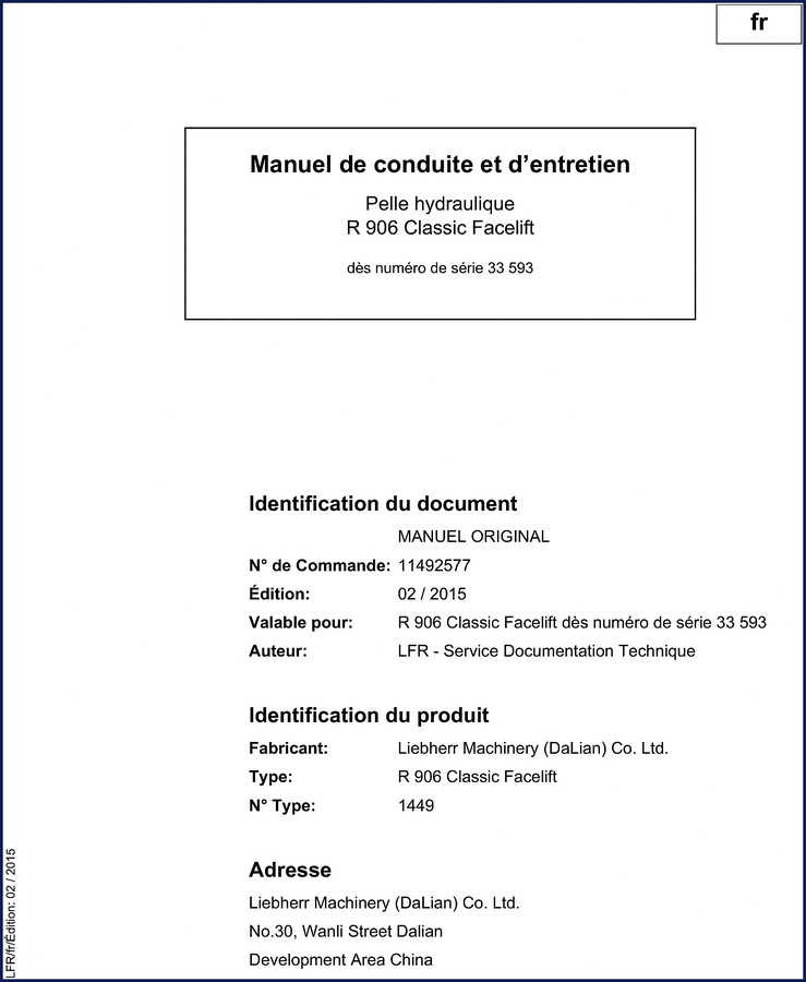 Liebherr R 906 Classic Facelift 2015 Operators Manual – OEM factory documentation cover