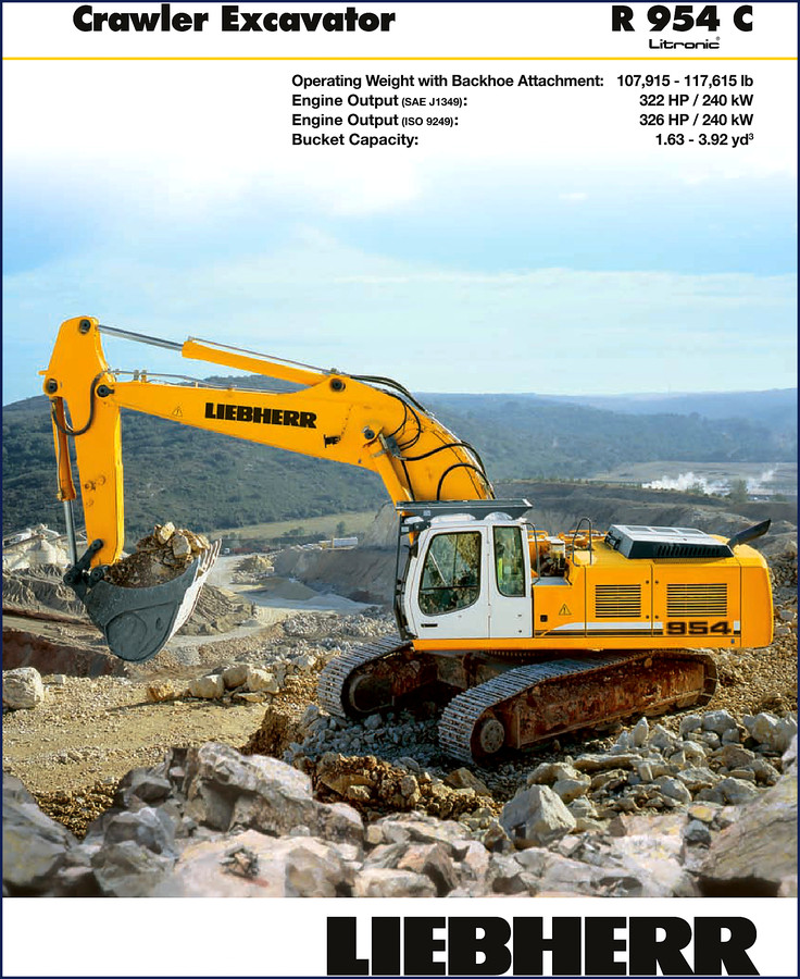 Liebherr R 954 C Technical Manual cover page with crawler excavator illustration
