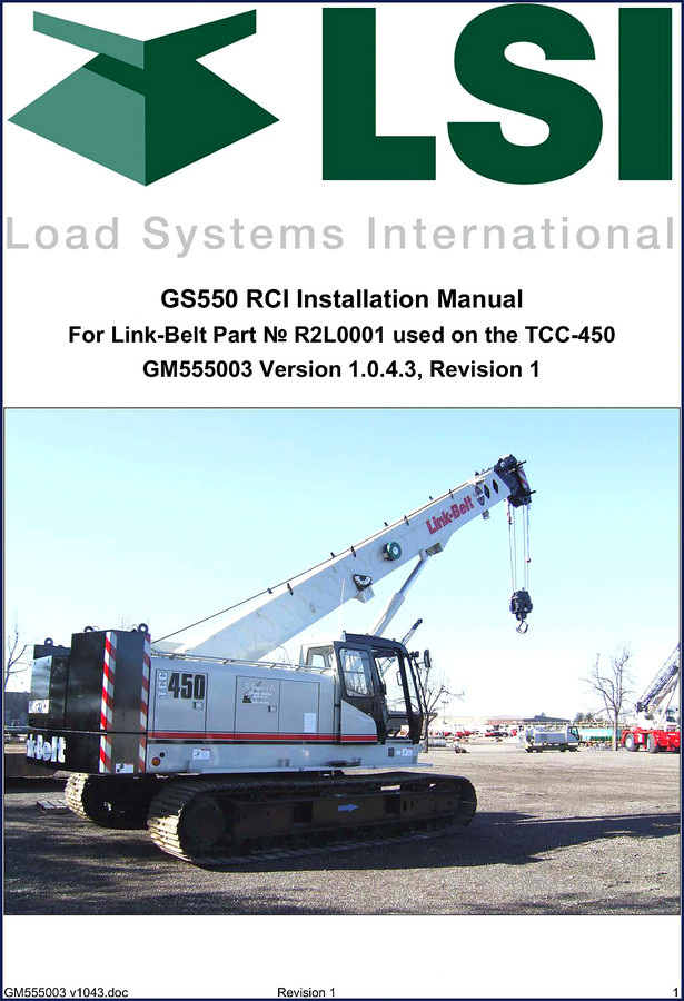 Load Systems TCC-450 Installation Manual 16-page OEM document cover with GS550 display and crane diagram