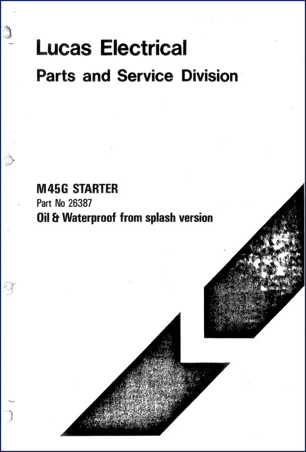 Lucas Electrical M45G 1977 Service Manual cover showing starter motor cross-section and part numbers