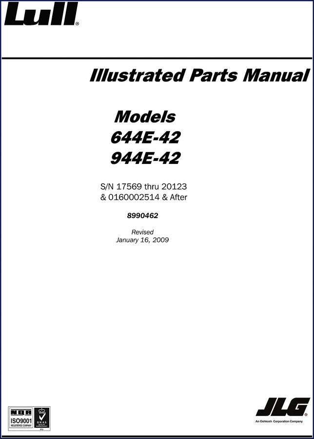 Lull 644E-42 and 944E-42 Parts Catalog 2009 cover – 490 pages OEM factory documentation