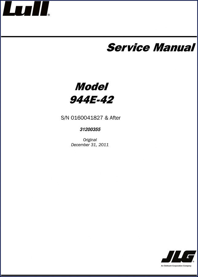 Lull 944E-42 2011 Service Manual factory cover showing telehandler silhouette and JLG logo