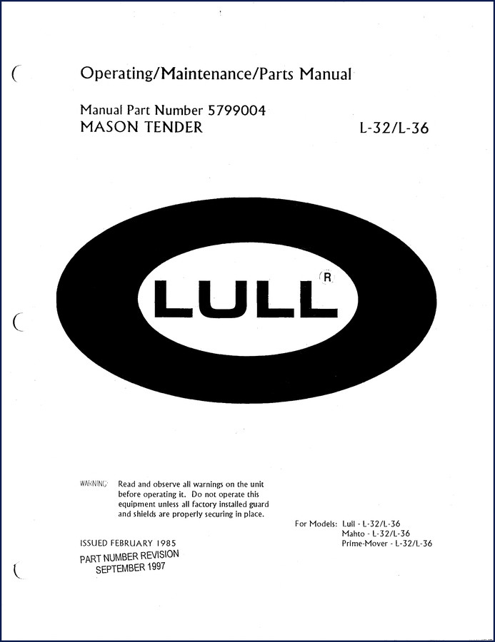 1985 Lull L-32 L-36 Service Manual cover – factory shop manual