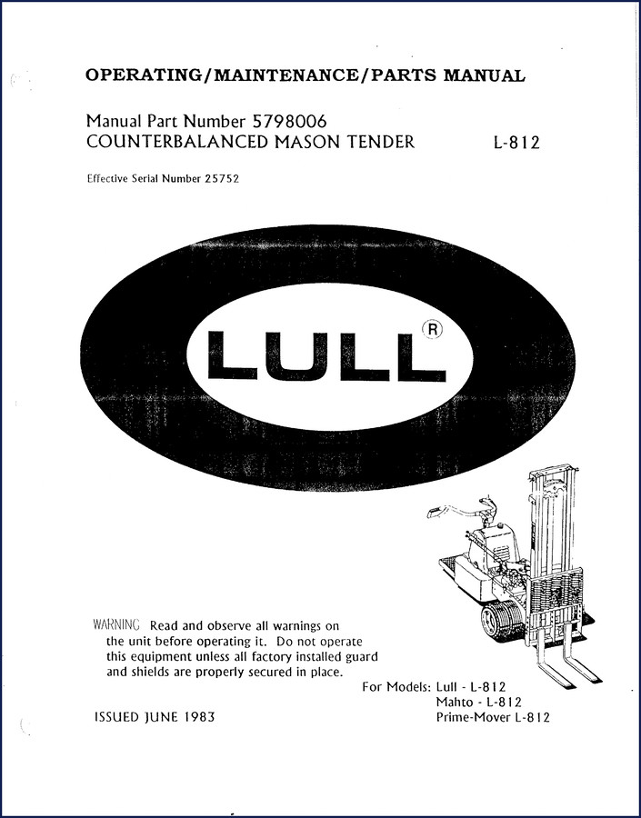 1983 Lull L-812 Parts Catalog cover showing machine silhouette and manual part number 5798006