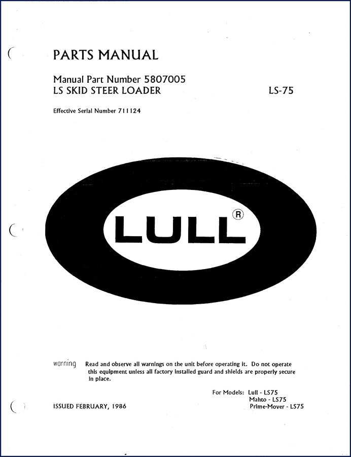 1986 Lull LS75 Skid Steer Loader OEM Parts Catalog cover showing model LS75