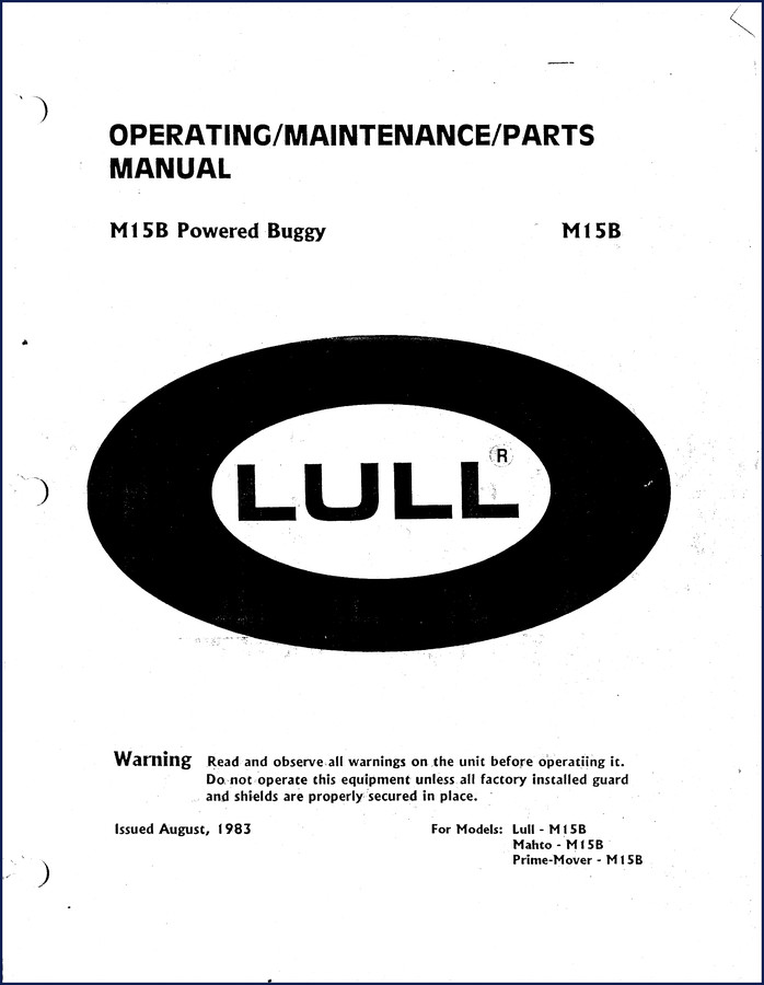1983 Lull M15B Service Manual cover showing the powered buggy and warning decals