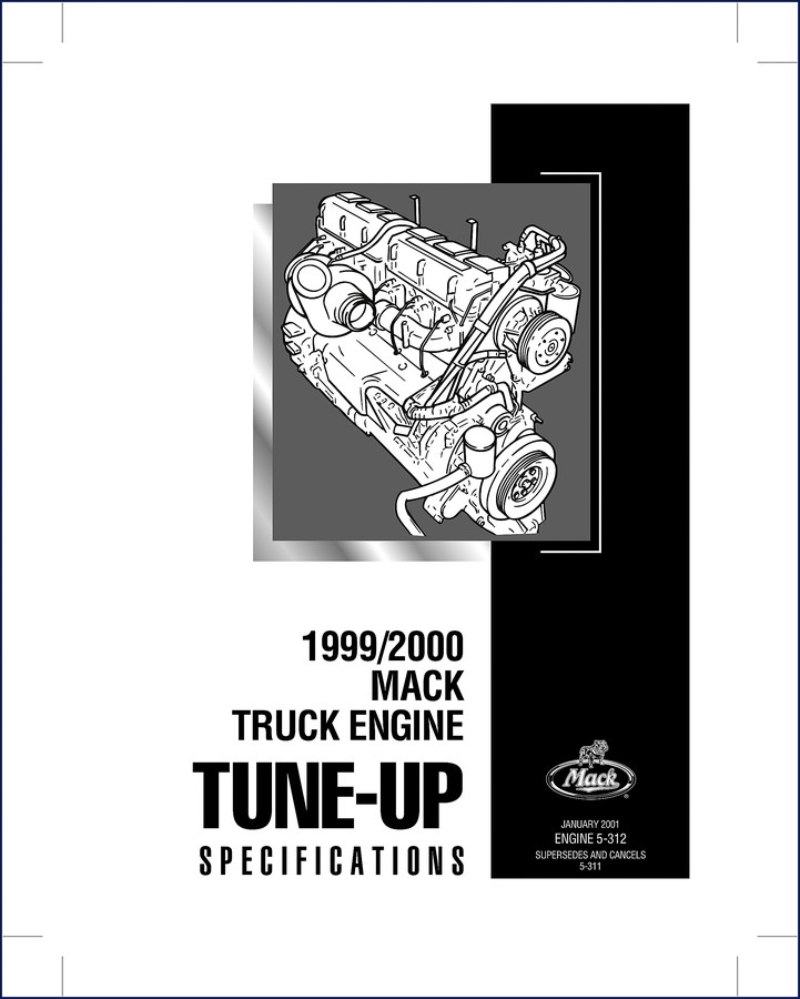 Mack Truck Engine 2001 Technical Manual cover page showing tune-up specifications for 1999/2000 models