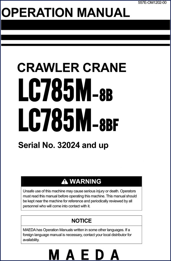 Maeda LC785M-8B crawler crane operators manual cover page 1 with warning decal