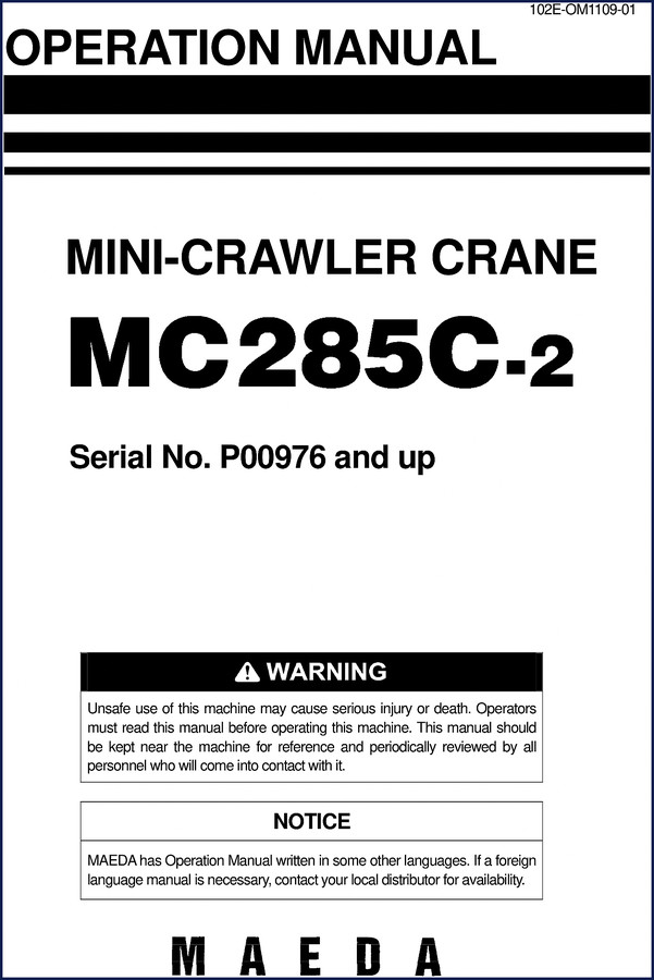 Maeda MC285C-2 operators manual cover showing mini crawler crane on job site