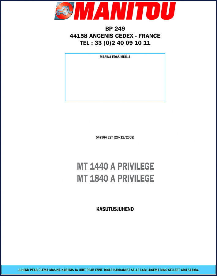 Manitou MT 1440 A and MT 1840 A 2008 Operators Manual cover page