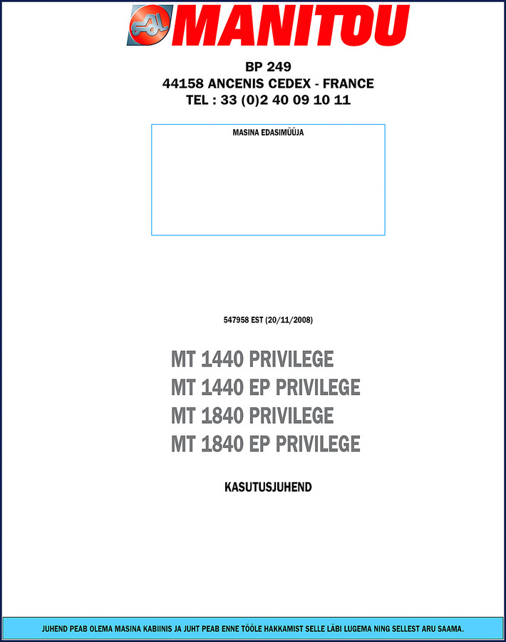 Manitou MT 1440 PRIVILEGE Operators Manual cover page for 2008 models