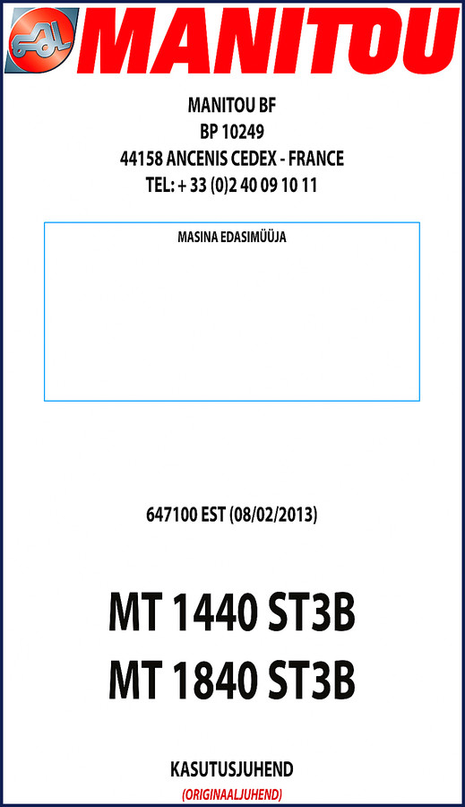 Manitou MT 1440 ST3B and MT 1840 ST3B 2013 factory operators manual cover