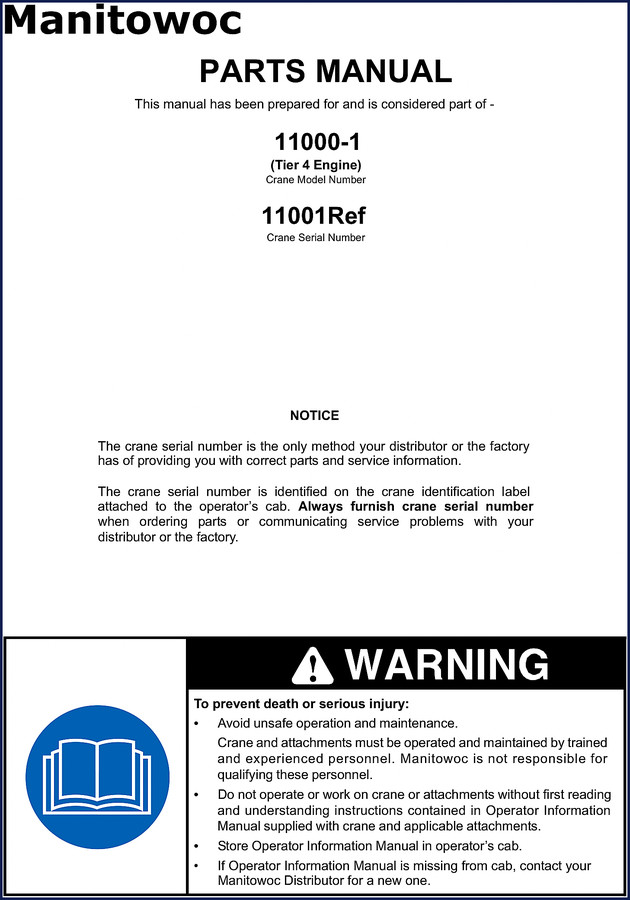 Manitowoc 11000-1 Parts Catalog cover showing crane model and Tier 4 engine designation