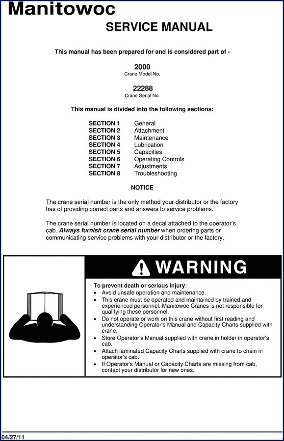 Manitowoc 2000 and 4100W 1970 Workshop Manual cover page