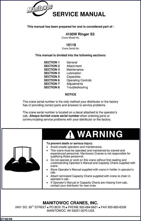 Manitowoc 4100W Ringer S3 2009 Service Manual cover and page index