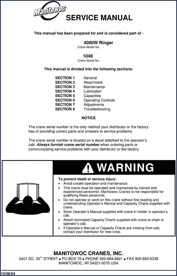 Manitowoc Cranes 4000W Ringer 1997 Service Manual cover page showing model and serial number 1048