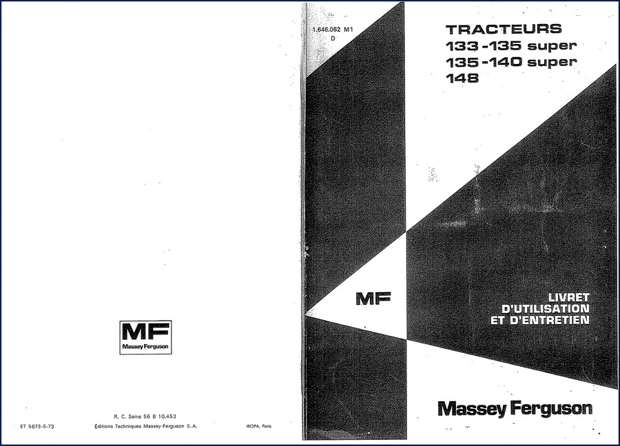 Massey Ferguson 133, 135, 140, 148 user manual cover - 62 pages OEM factory document