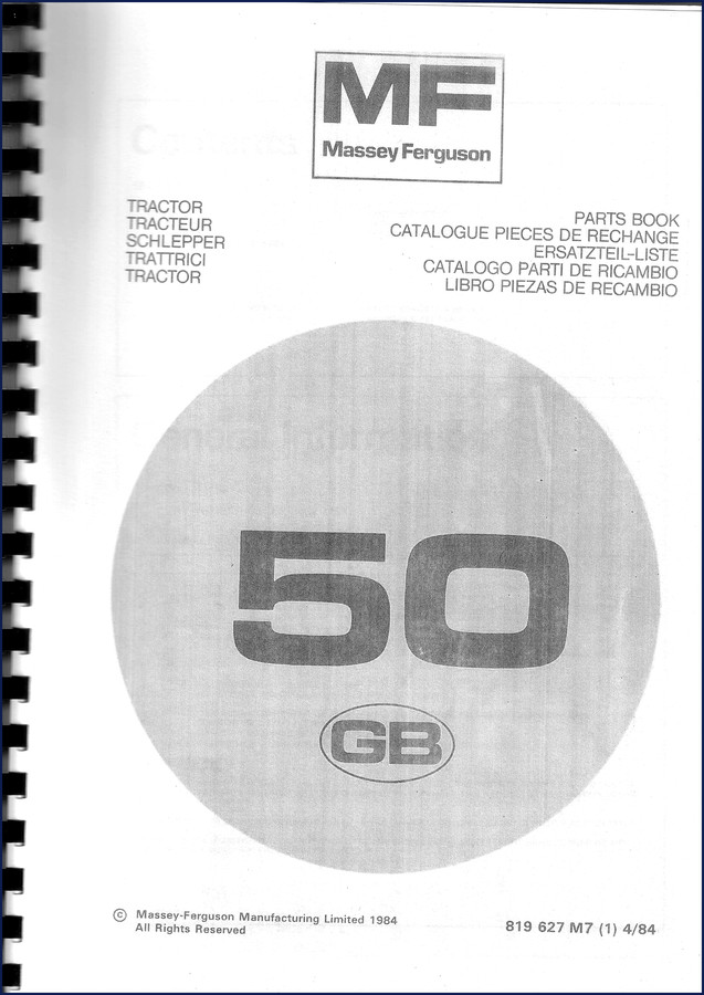 Massey Ferguson 50 1984 Parts Catalog cover showing tractor model and factory symbols