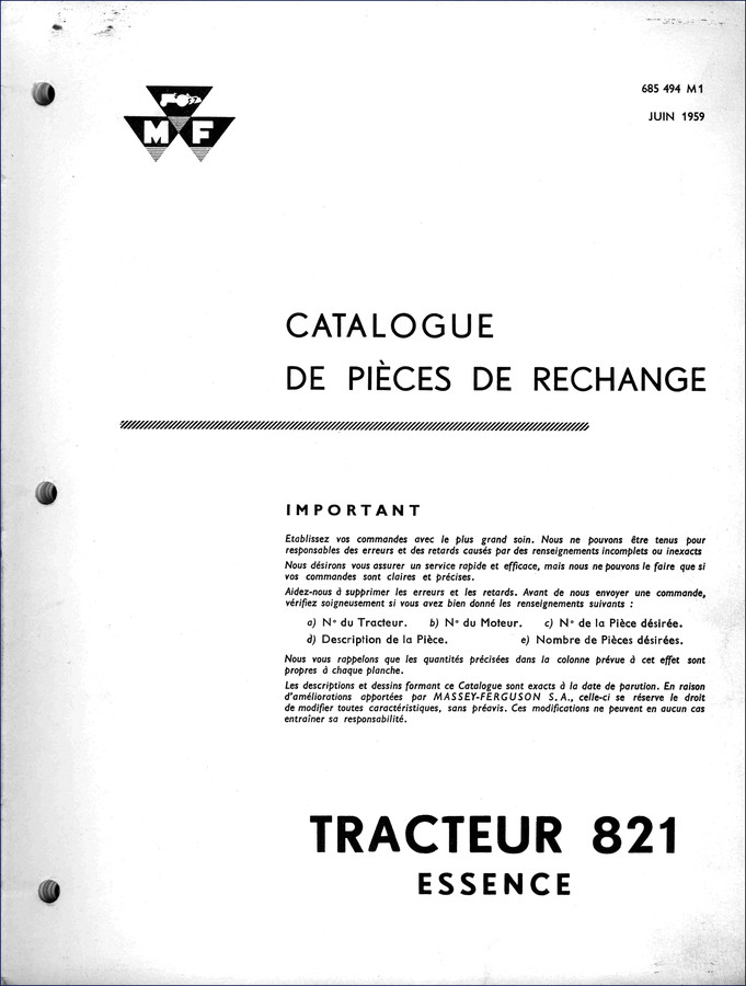 Massey Ferguson 821 Operators Manual cover page showing tractor and factory part number