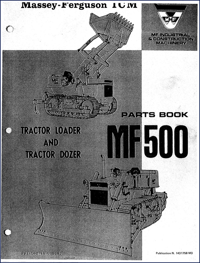 Massey-Ferguson MF500 1977 Parts Catalog cover showing tractor-loader-dozer illustration