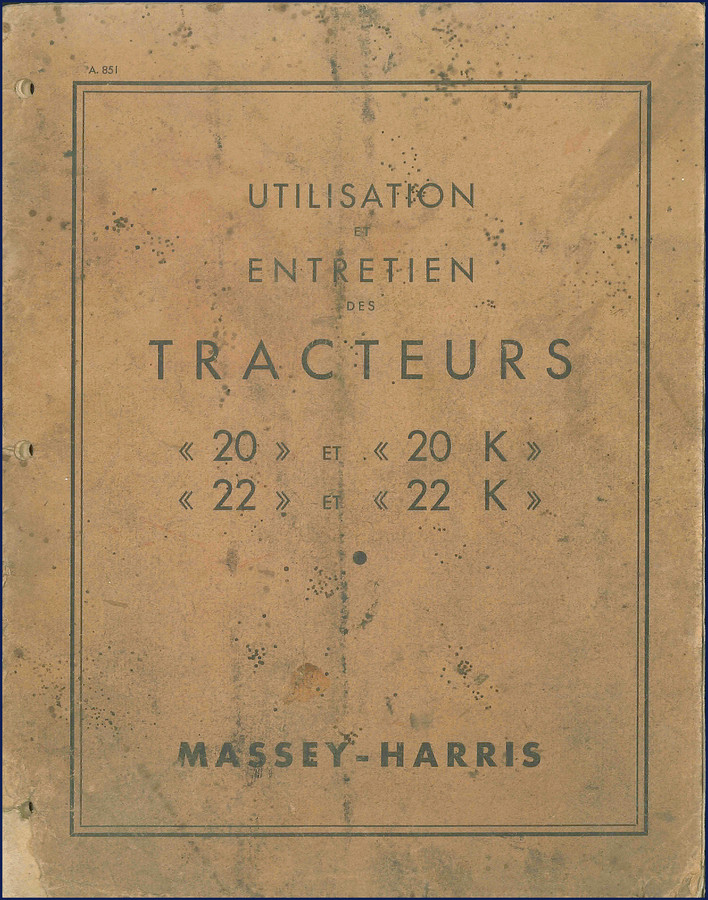 Cover of Massey-Harris 20 and 22 operators manual showing tractor illustration and model numbers