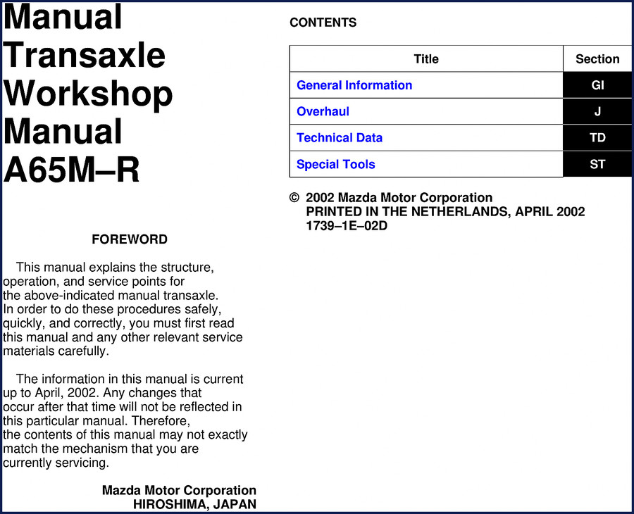 Mazda A65M-R 2002 workshop manual cover showing transaxle diagram