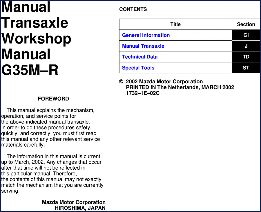 2002 Mazda Motor G35M-R Workshop Manual cover - factory transaxle service manual
