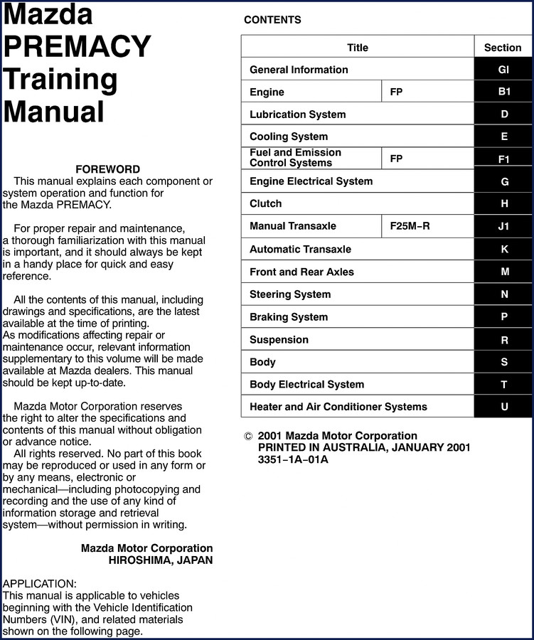 Mazda PREMACY 2001 Training Manual cover - 139 pages factory document