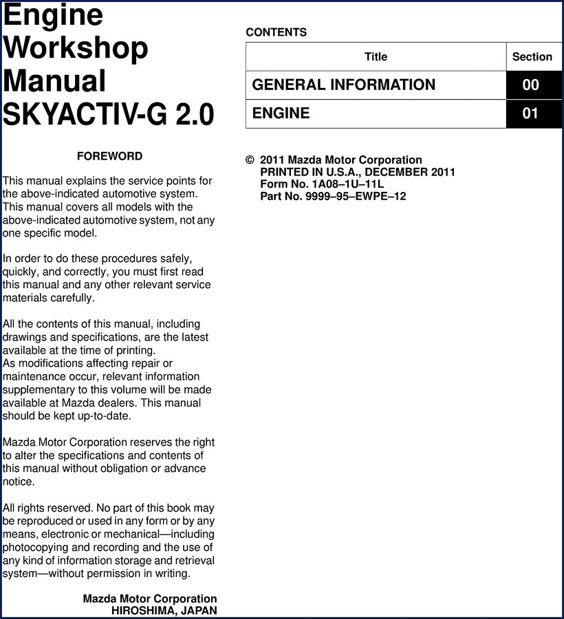 Mazda SKYACTIV-G 2.0 workshop manual cover 2011