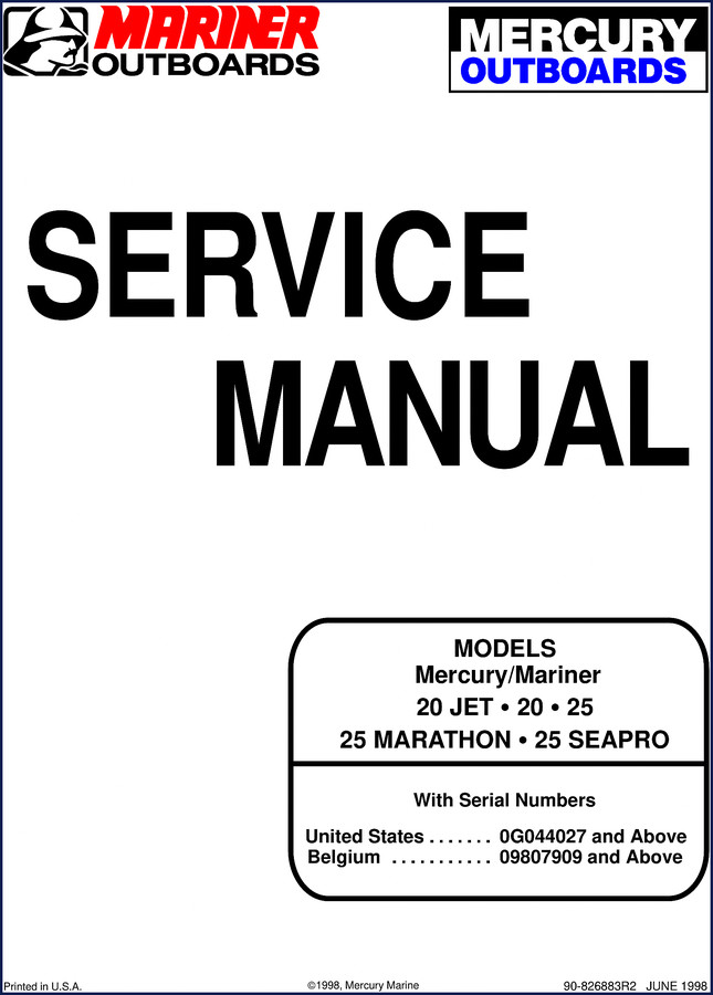 Mercury 20 JET 25 SEAPRO 1998 factory service manual cover showing outboard motor