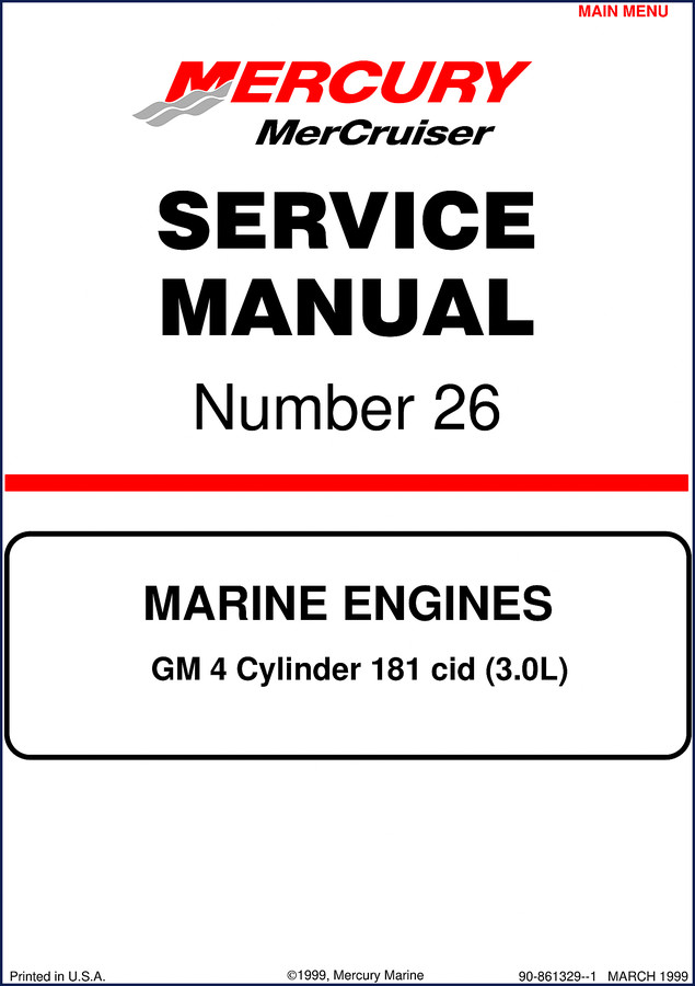1999 Mercury Marine GM 4 Cylinder 181 cid Service Manual cover showing MerCruiser 3.0L engine