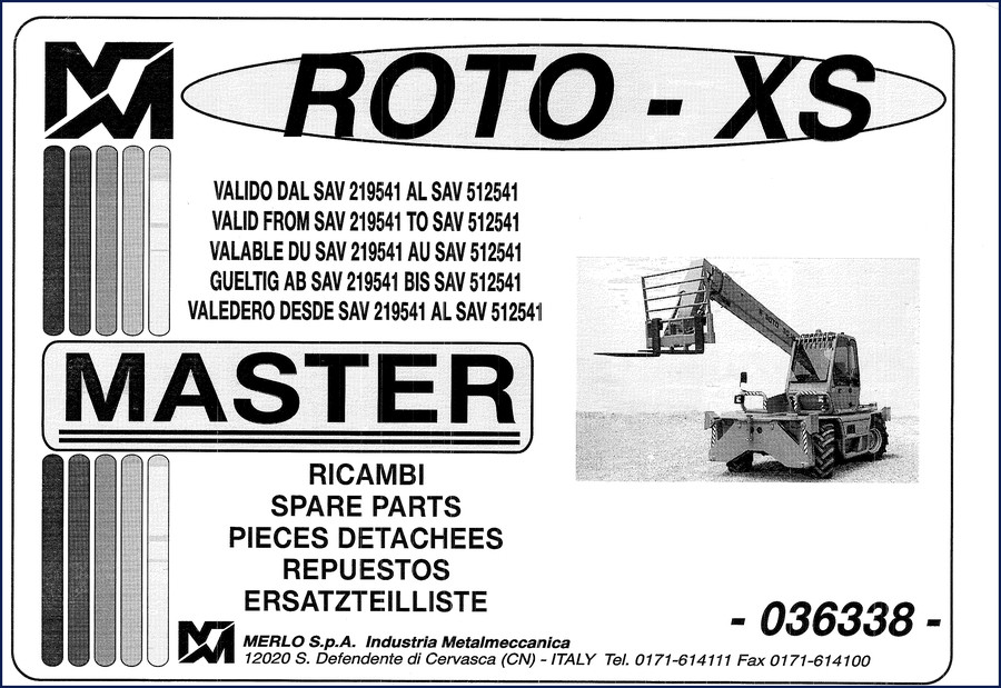Merlo P 25.11 and P 30.13 OEM Parts Catalog cover page showing master label and serial range