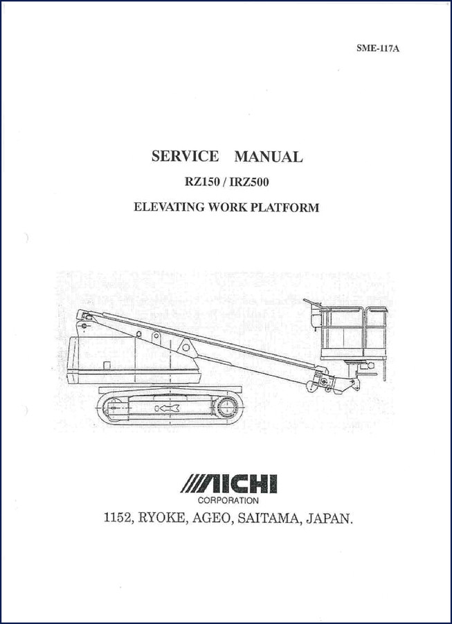 Michigan RZ150 IRZ500 elevating work platform factory service manual cover showing boom and platform