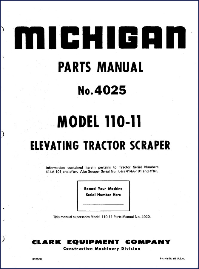 Michigan 110-11 Parts Catalog front cover – factory OEM parts manual for elevating tractor scraper, 150 pages