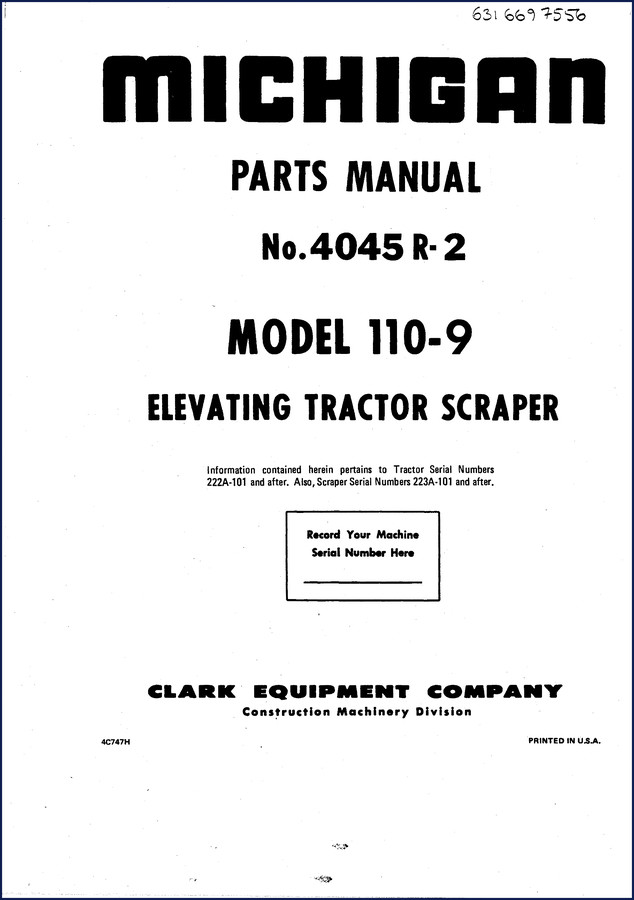 Michigan 110-9 Elevating Tractor Scraper Parts Catalog - factory OEM parts breakdown