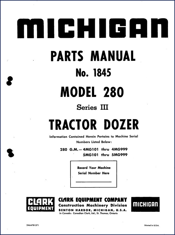 1974 Michigan 280 Series I Tractor Dozer Parts Catalog - OEM factory parts manual