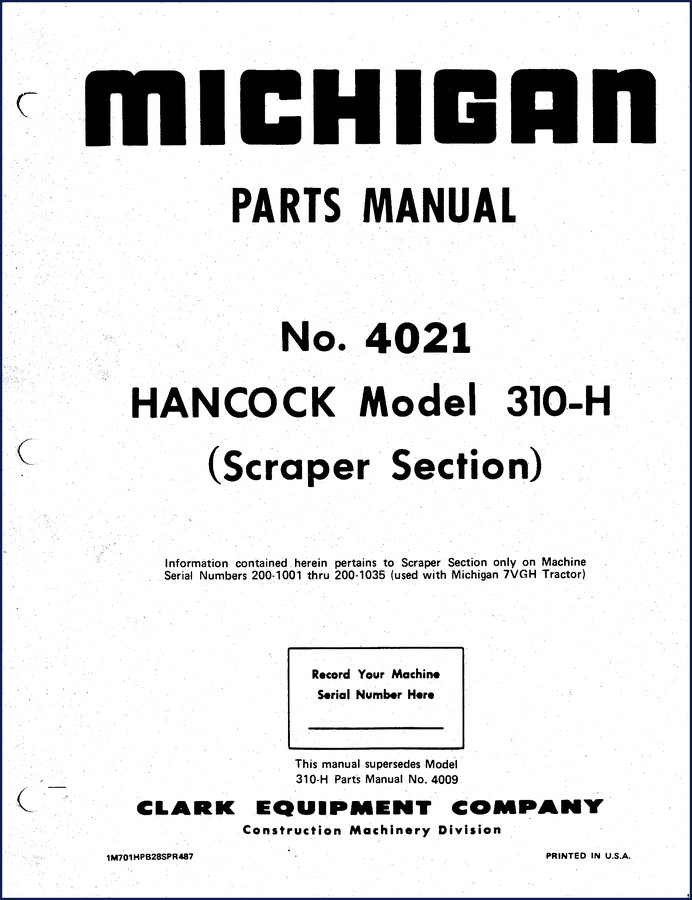 Michigan 310-H Parts Catalog factory manual cover showing scraper section diagram