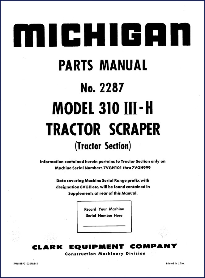 Michigan 310 III-H Parts Catalog page showing exploded view of brake assembly and part numbers