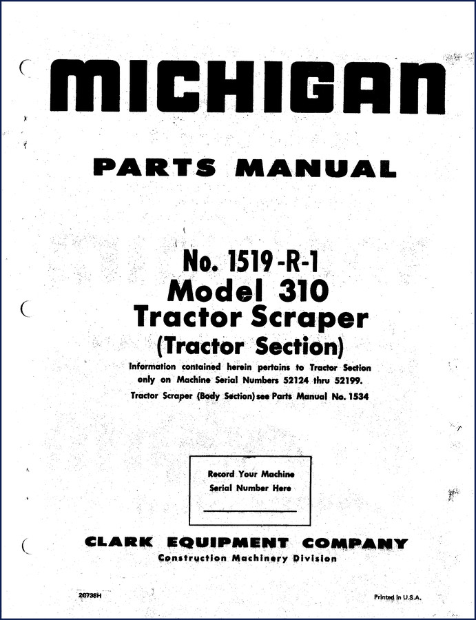 Michigan 310 Tractor Scraper Parts Catalog cover - 156-page official Clark Equipment manual